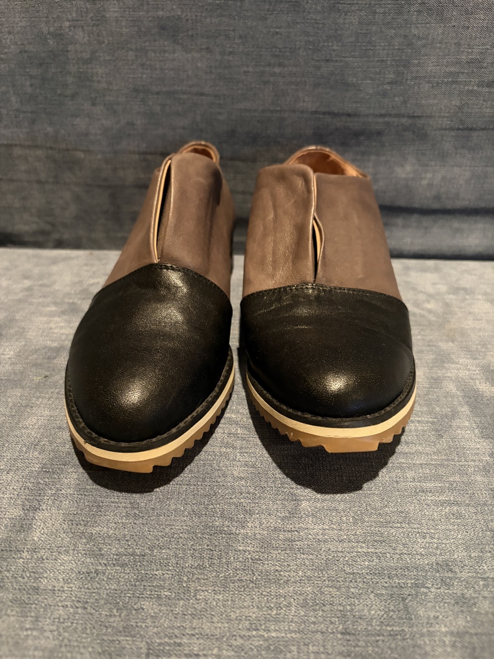 Two-Tone Slip-On Flats in Black and Taupe